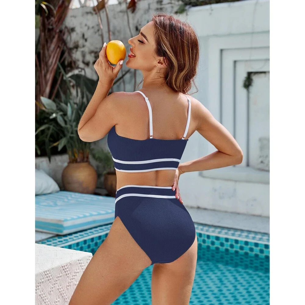 BMJL Women's Navy Blue High Waisted Bikini Ribbed Two Piece Swimsuit Cut Color M